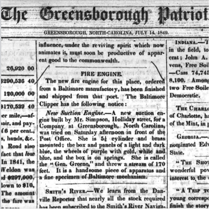 Article in the Greensborough Patriot, July 14, 1849
