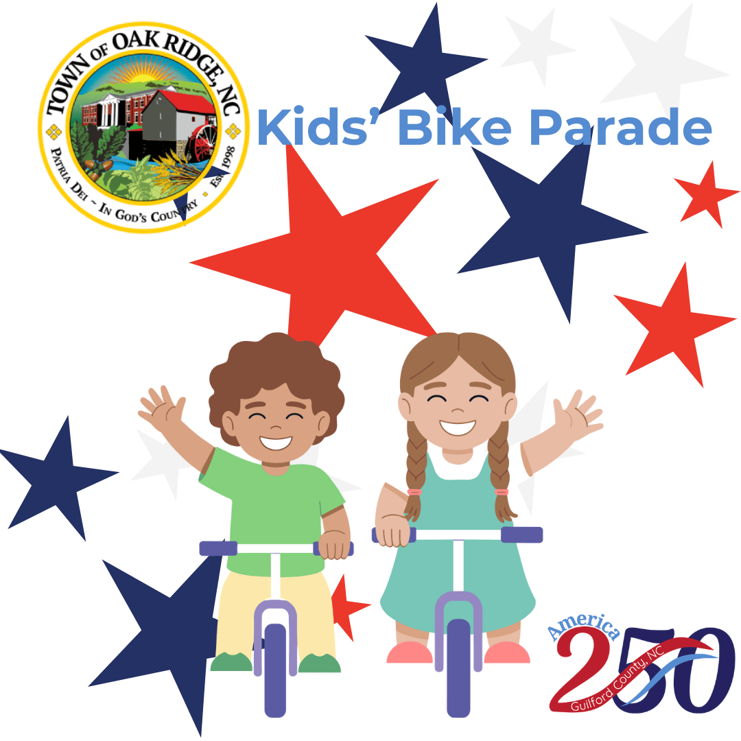Kids on bikes with oak ridge town seal and america 250 logo